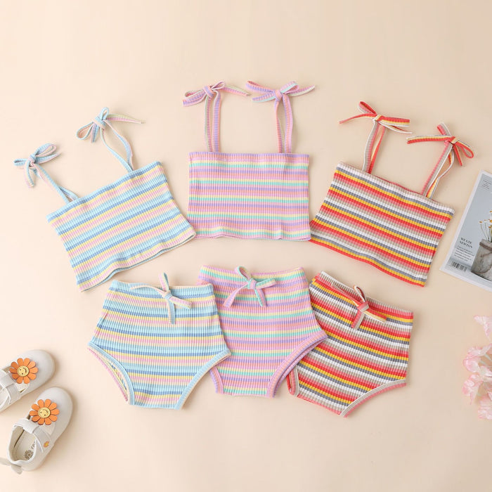 Color pit stripe sling + baby girl shorts two piece set