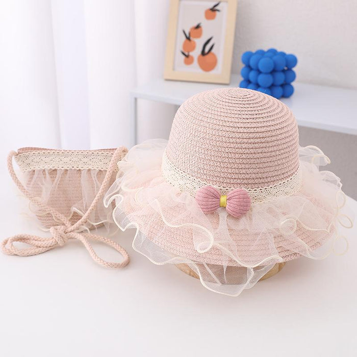 Summer Children's Lace Bow Grass Bucket Hat Bag Set