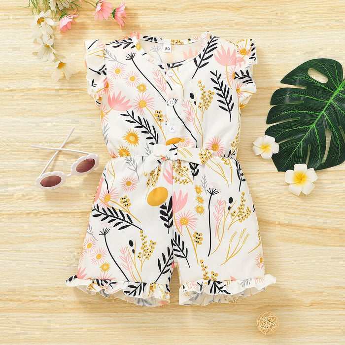 Girls' Summer Printed Shorts Jumpsuit