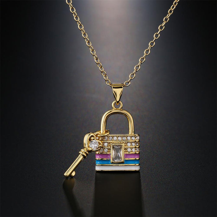 Drip Oil Zircon Key Lock Pendant Gold Color Necklace