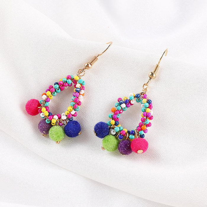 Creative Boho Beaded Hair Ball Handmade Earrings