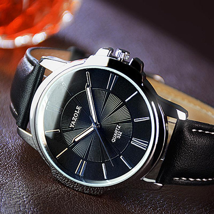 YAZOLE Mens Watches Luxury Blue Glass Leather Roman Watch Quartz