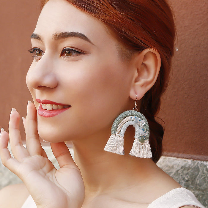 Vintage Hand Woven Rainbow Tassel Earrings