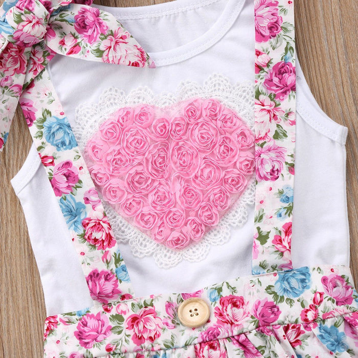 Love floral splicing Vest + floral suspender skirt + 3-piece set of hair accessories