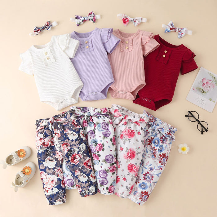 Children's wear solid color pit strip ha clothes broken flower pants three piece set