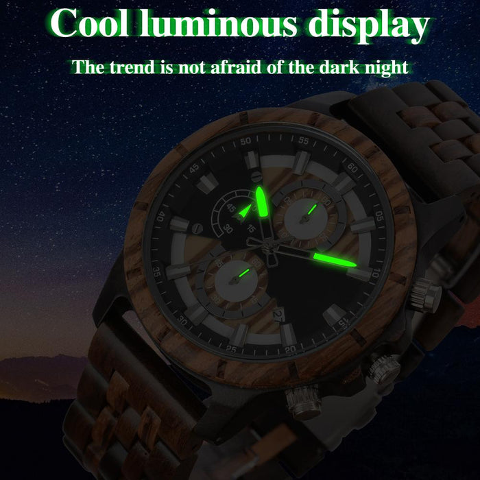 New Men's Business Multifunctional Luminous Large Dial Wooden Quartz Watch