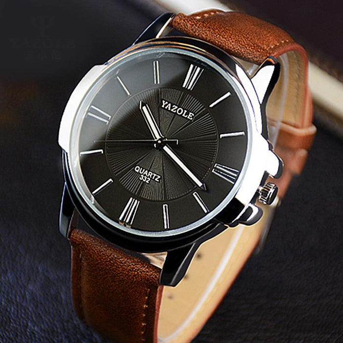 YAZOLE Mens Watches Luxury Blue Glass Leather Roman Watch Quartz