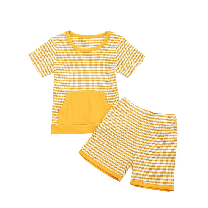 Pit stripe short sleeve top pocket solid shorts two piece set