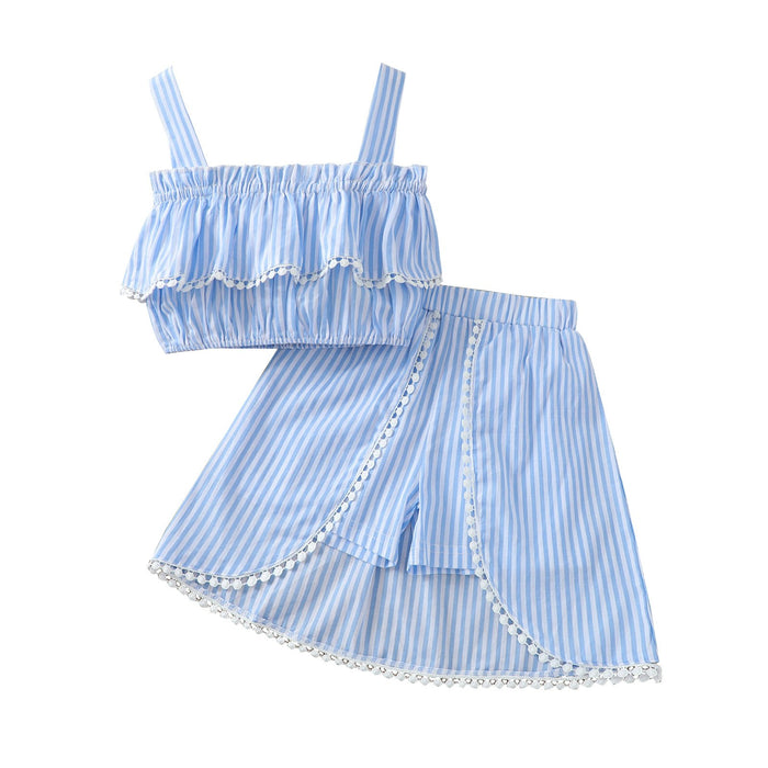 Suspender sky blue double layer tassel ball top striped skirt pants