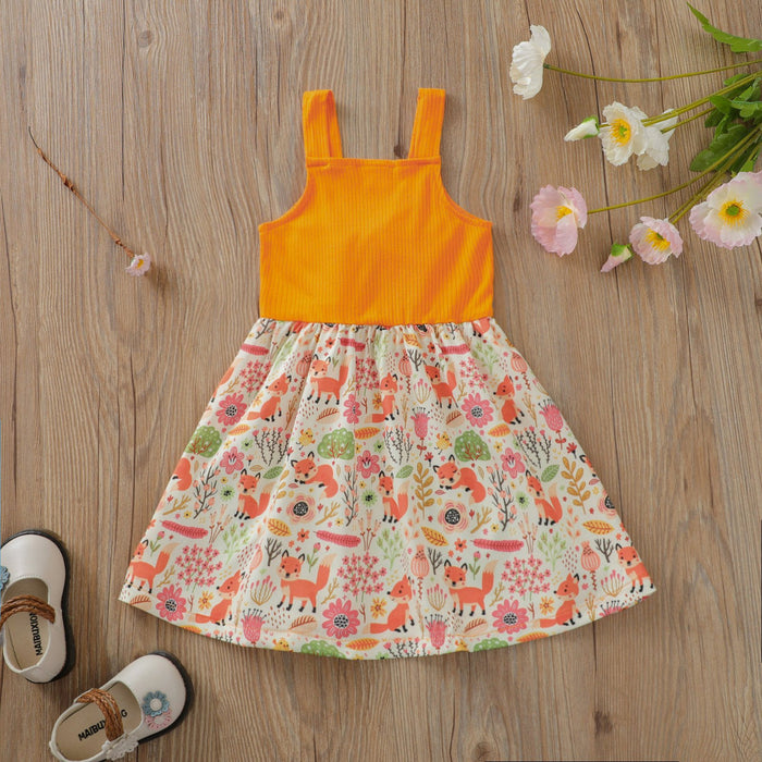 Girls' skirt suspender skirt butterfly dew navel fox printed colorful dress