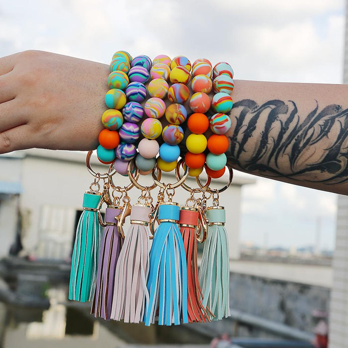 Color Silicone Beads Tassel Bracelet Wrist Keychain,Pendant For Bag