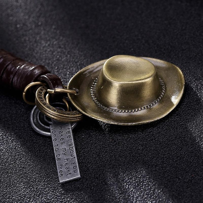 Vintage cowboy hat leather Keychains creative small gift hand woven car key pendant