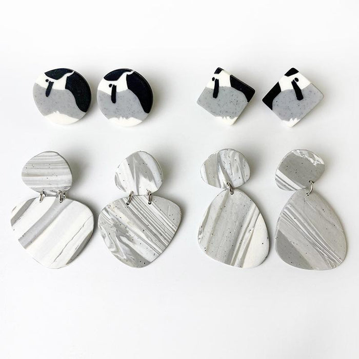 Geometric Soft Ceramic Gray Black Round Square Earrings