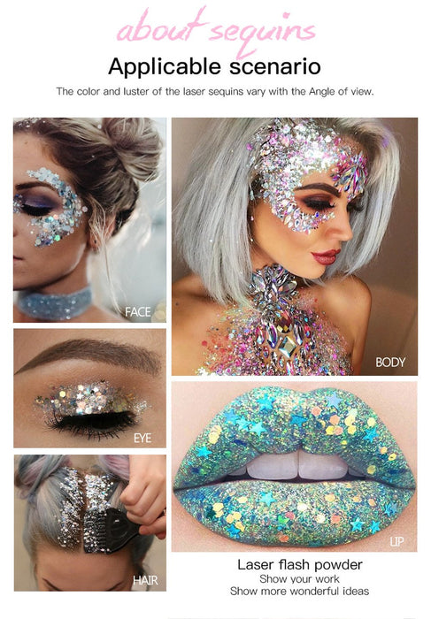 Mermaid scale face, body sequins, body milk, flake paste, eye shadow, colour, colour, stage makeup.