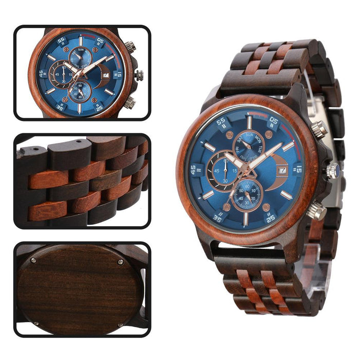 New Men's Business Multifunctional Luminous Wooden Quartz Watch