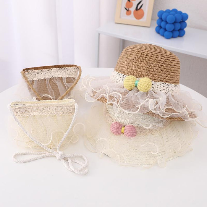 Summer Children's Lace Bow Grass Bucket Hat Bag Set