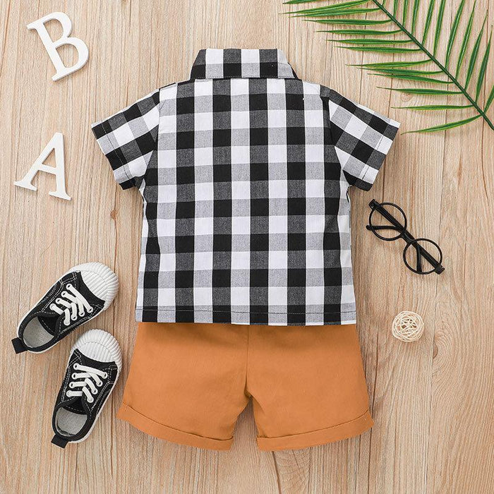 Boys' Plaid Lapel Gentlemen's Shirt & Shorts Two-piece Set