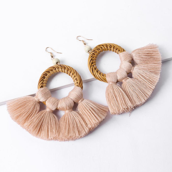 Bohemian Cotton Thread Tassel Handmade Rattan Woven Earrings