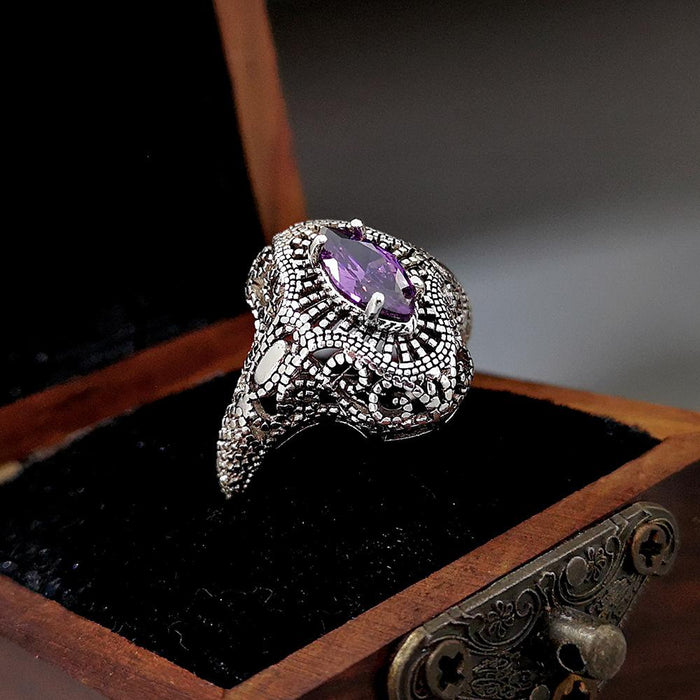 Fashion Vintage Hollow Out 925 Silver Amethyst Ring