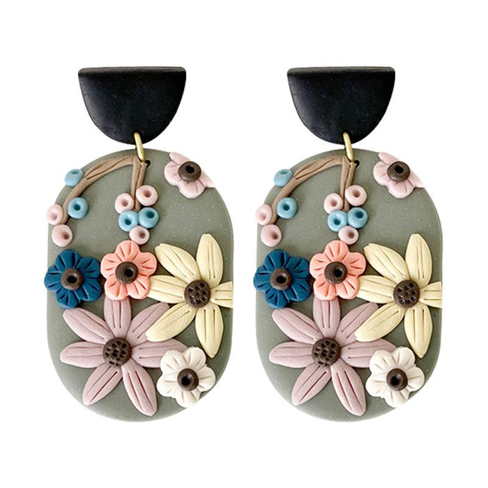 New Creative Colorful Flower Geometric Soft Pottery Earrings