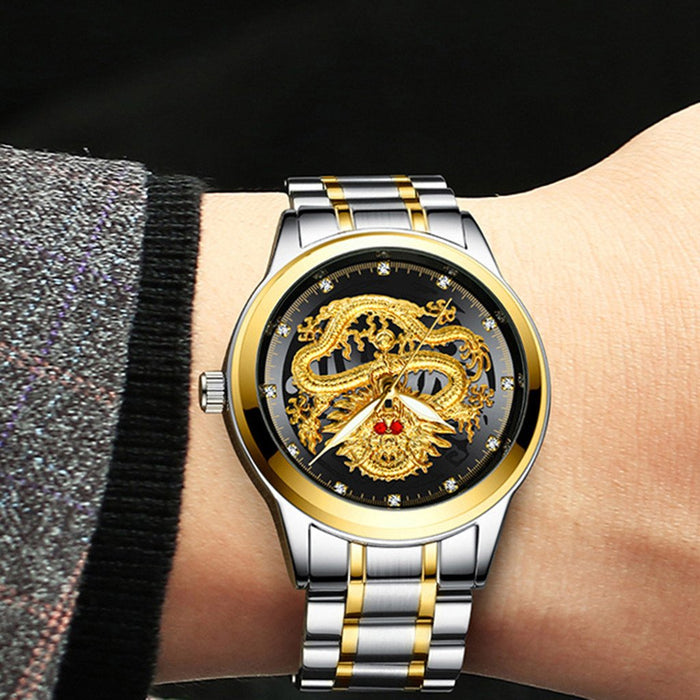 FNGEEN Brand Men Watch 3D Dragon Face Luxury Gold Male Quartz Watch