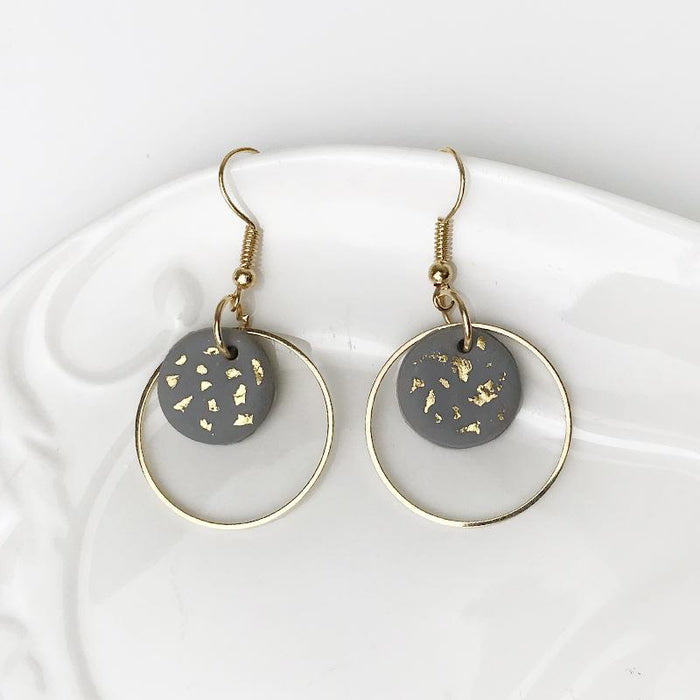 Geometric Metal Soft Pottery Round Pendant Gold Foil Texture Earrings