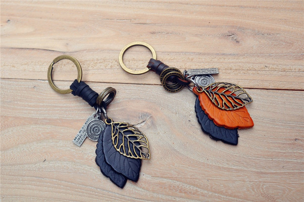 Creative key chain men's and women's small gift leather leaf Vintage woven key chain