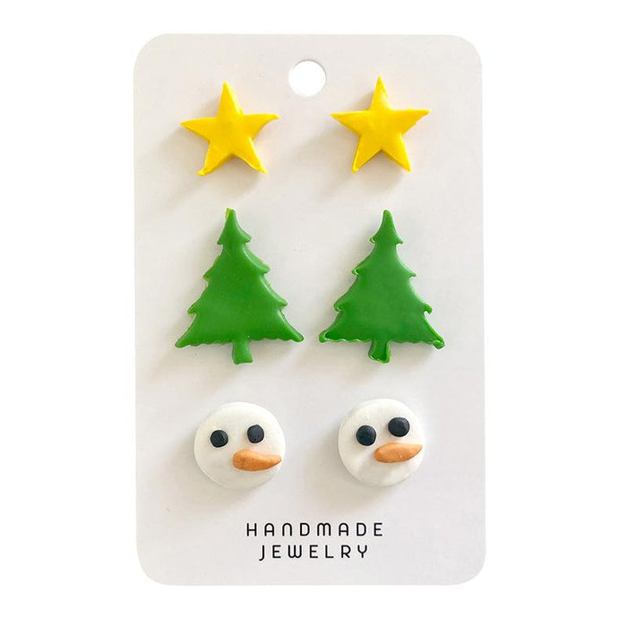 Soft pottery Snowman star gold foil simple handmade earrings set