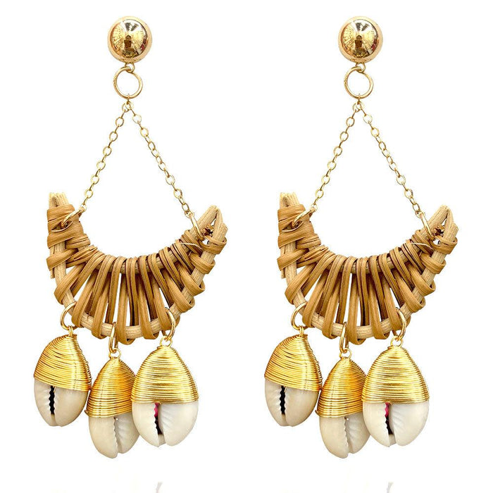 Rattan Woven Moon Ocean Wind Conch Earrings Jewelry