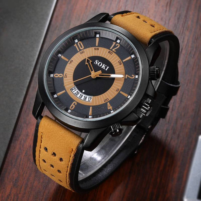 SOKI Retro Mens Classic Leather Strap Casual Quartz Wrist Watch Sport Male Clock