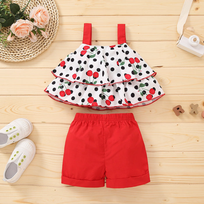 Girls' cherry pattern suspender top and Shorts Set