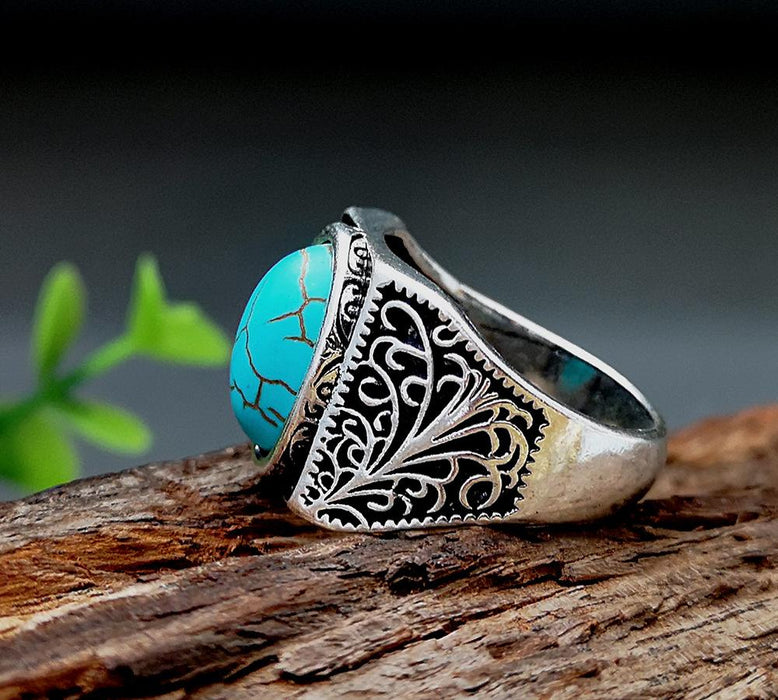 Vintage Turquoise Ring Personality Vine Carved Ring