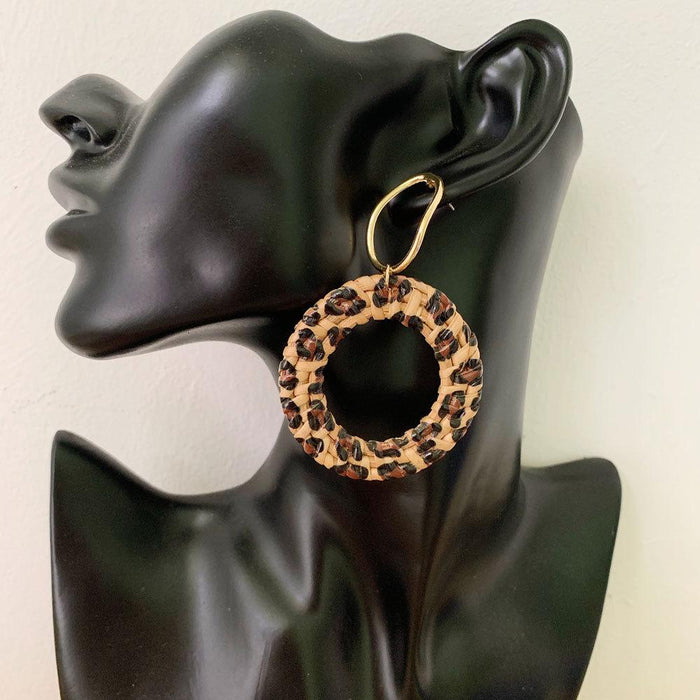 colourful Leopard Print Fashion Hand Woven Exaggerated Rattan Earrings Jewelry