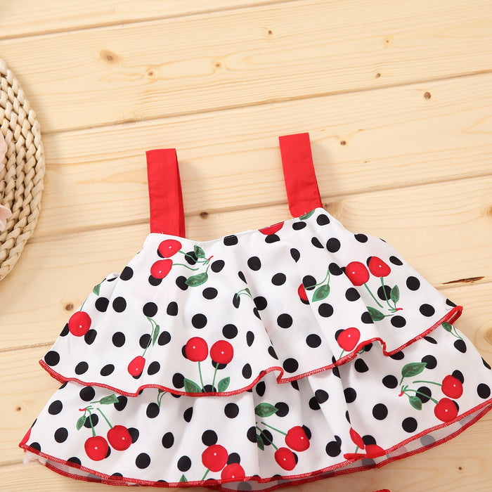 Girls' cherry pattern suspender top and Shorts Set