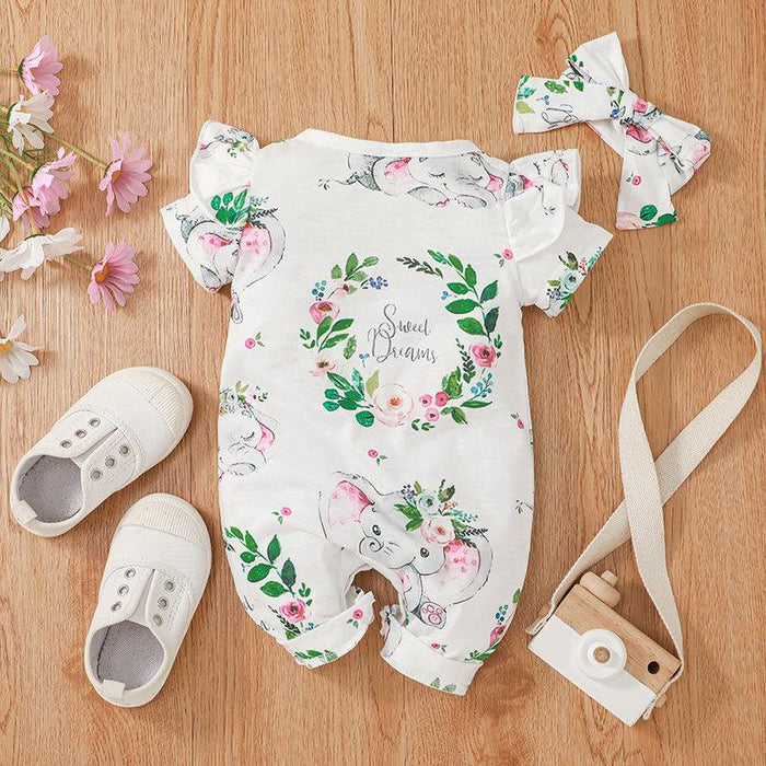 Printed Short Sleeved Baby Jumpsuit Headband Set