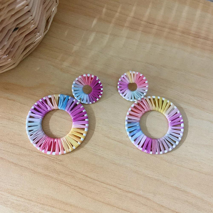 colourful Lafite Woven Geometric Double Round Earrings Jewelry