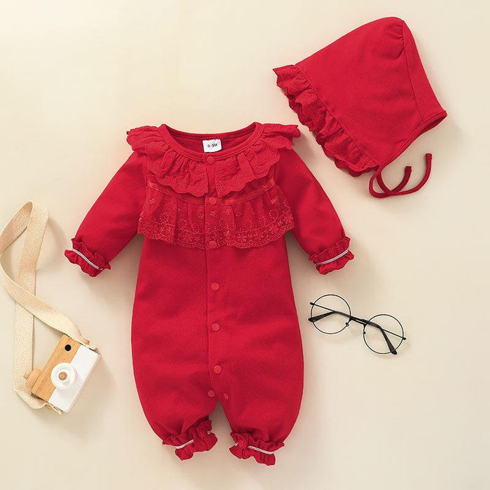 Red Baby Girls Lace Decorate Jumpsuit With Hat