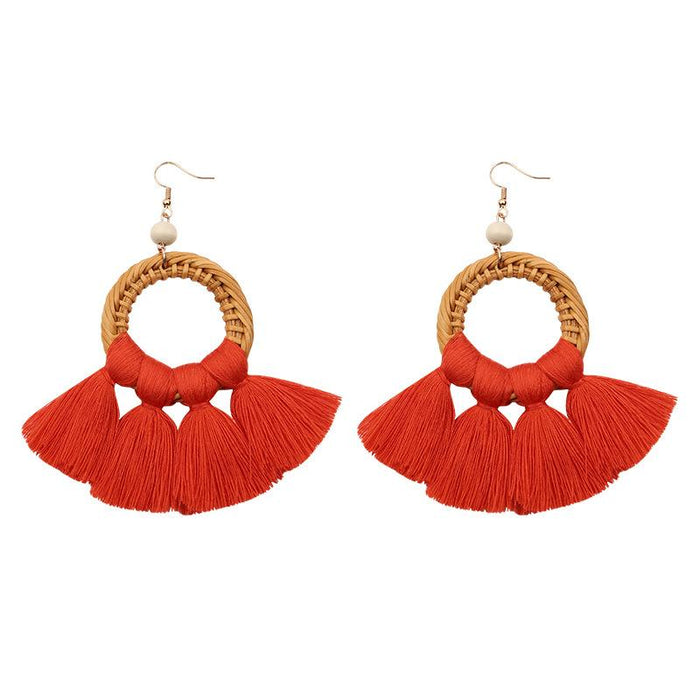 Bohemian Cotton Thread Tassel Handmade Rattan Woven Earrings