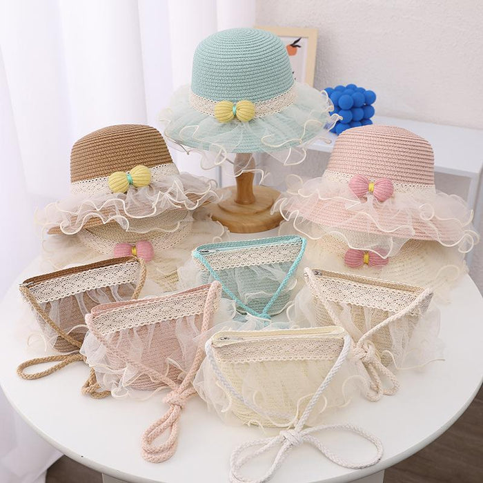 Summer Children's Lace Bow Grass Bucket Hat Bag Set