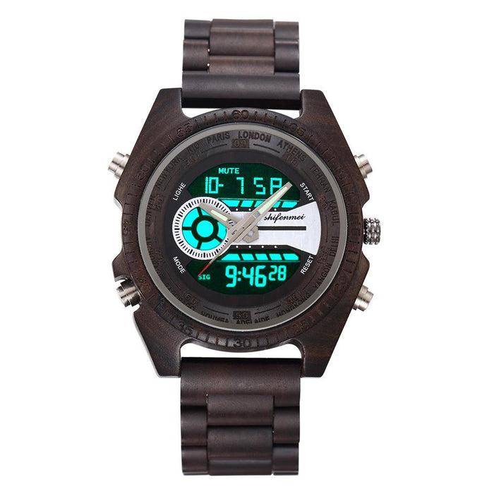 New LCD Dual Display Electronic Outdoor Sports Luminous Wooden Watch