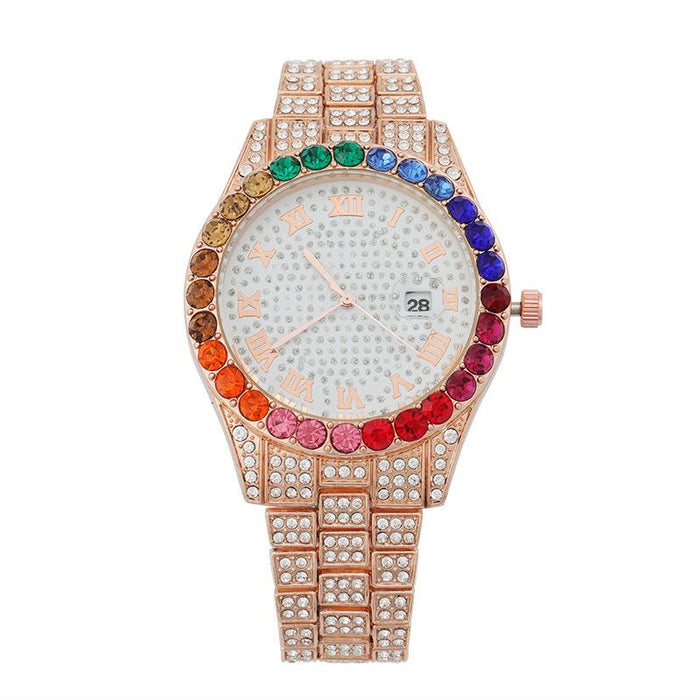 New Full Sky Star Steel Band Color Diamond Calendar Quartz Watch Llz20802