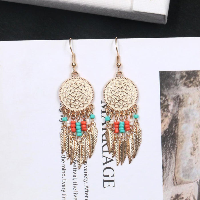 New Alloy Disc Carved Rose Long Rice Bead Leaf Earrings