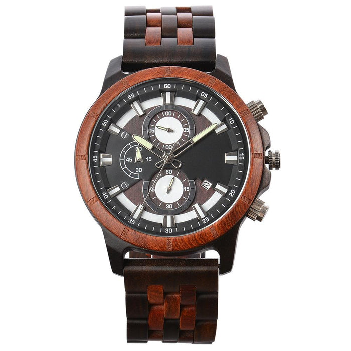 New Men's Business Multifunctional Luminous Large Dial Wooden Quartz Watch