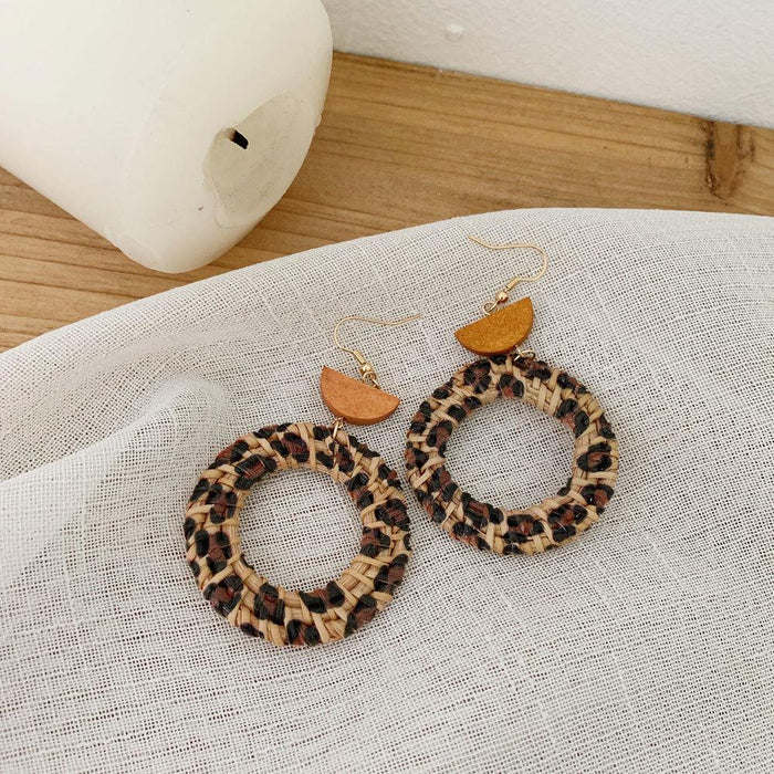 colourful Leopard Print Fashion Hand Woven Exaggerated Rattan Earrings Jewelry