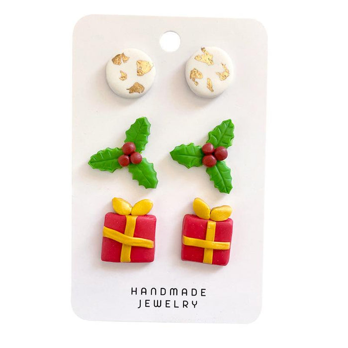 Soft pottery Snowman star gold foil simple handmade earrings set