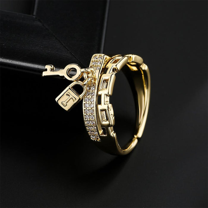 Mechanical Style Chain Key Lock Geometric Opening Ring