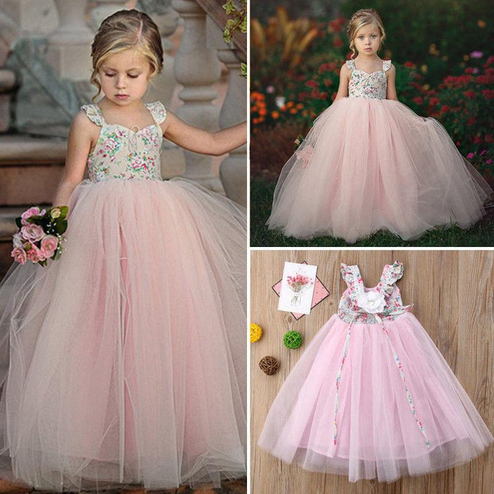 Girls' dress high-grade atmospheric pink flying sleeve floral mesh skirt