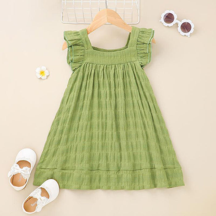 Girls' skirt Avocado Green Square Neck fly sleeve pleated skirt