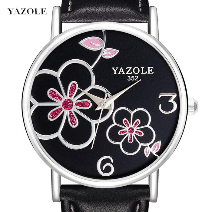 Women Watches Yazole Fashion Leather OL Style Plum Ladies Flower Quartz Watch