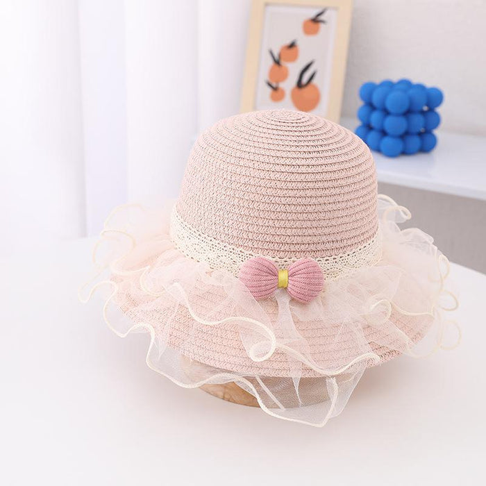 Summer Children's Lace Bow Grass Bucket Hat Bag Set